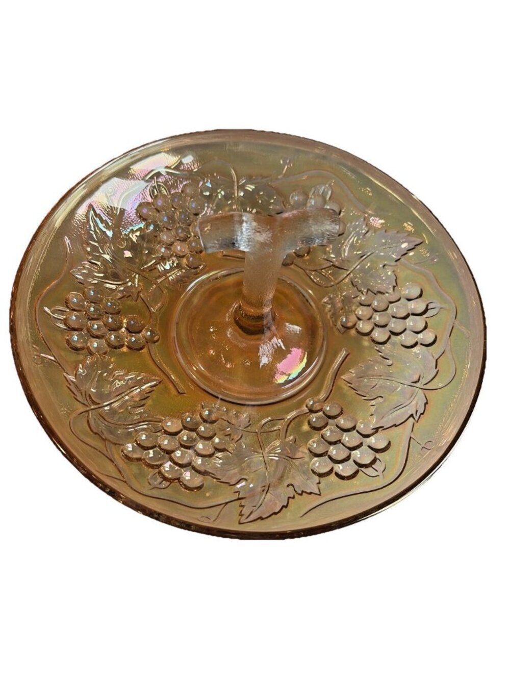 Imperial Carnival Glass Serving Tray 9" Amber Grape Sandwiches Cookies Handle